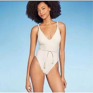 Shade and Shore White V Neck Boho Waist Tie One Piece Swimsuit Size XS